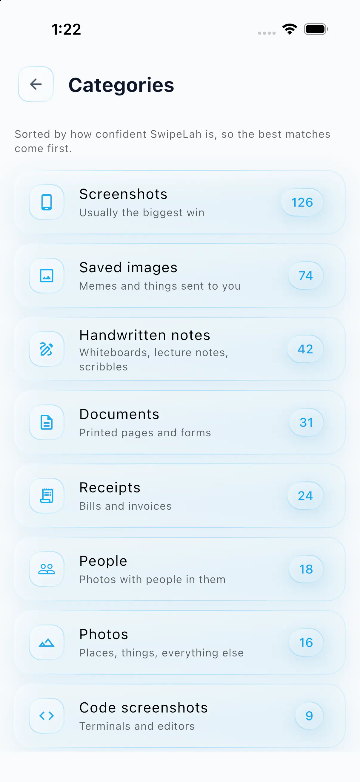 The current SwipeLah Smart Categories screen showing category tiles populated with mock item counts.